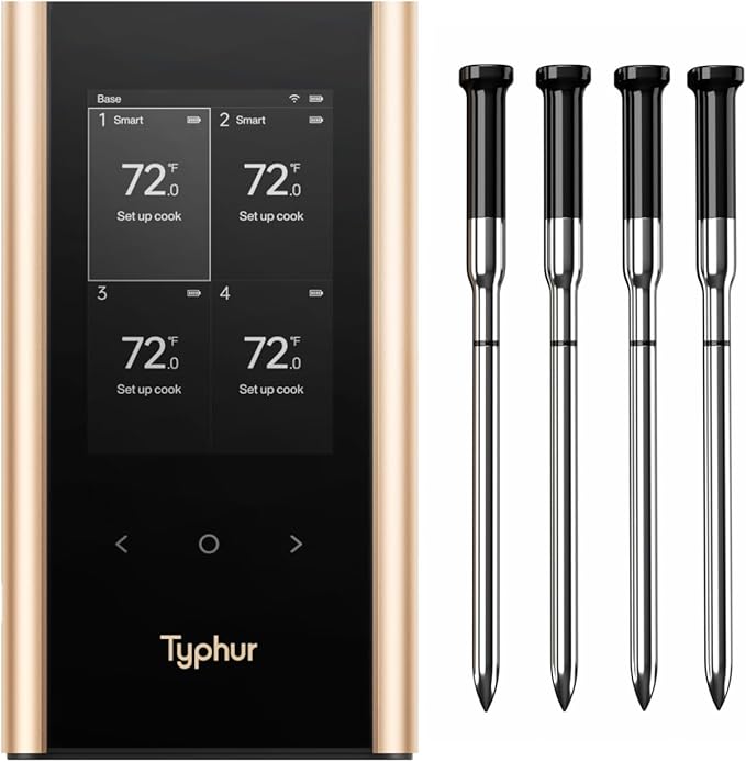 Sync Gold Wireless WiFi Meat Thermometer, 4 Slim Probes, 6 Sensors, 10x Stronger Signal, ±0.5℉ Accuracy, Smart Base Direct Setup, Reliable Reading Through Kamado Grill, BBQ, Oven, Smoker, Air Fryer