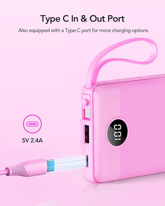 VRURC Portable Charger 10000mAh, Travel Essentials Battery Pack, 5 Output 2 Input Power Bank, Built-in Micro & USB C Cables Phone Charger Compatible with iPhone,Samsung,Android-Purple(1 Pack)