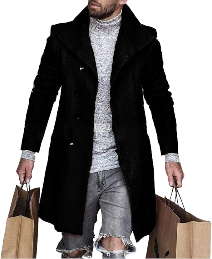 Men's Plaid Long Trench Coat Mid - Length Lapel Collar Button Down Warm Overcoat for Winter & Autumn Fashion