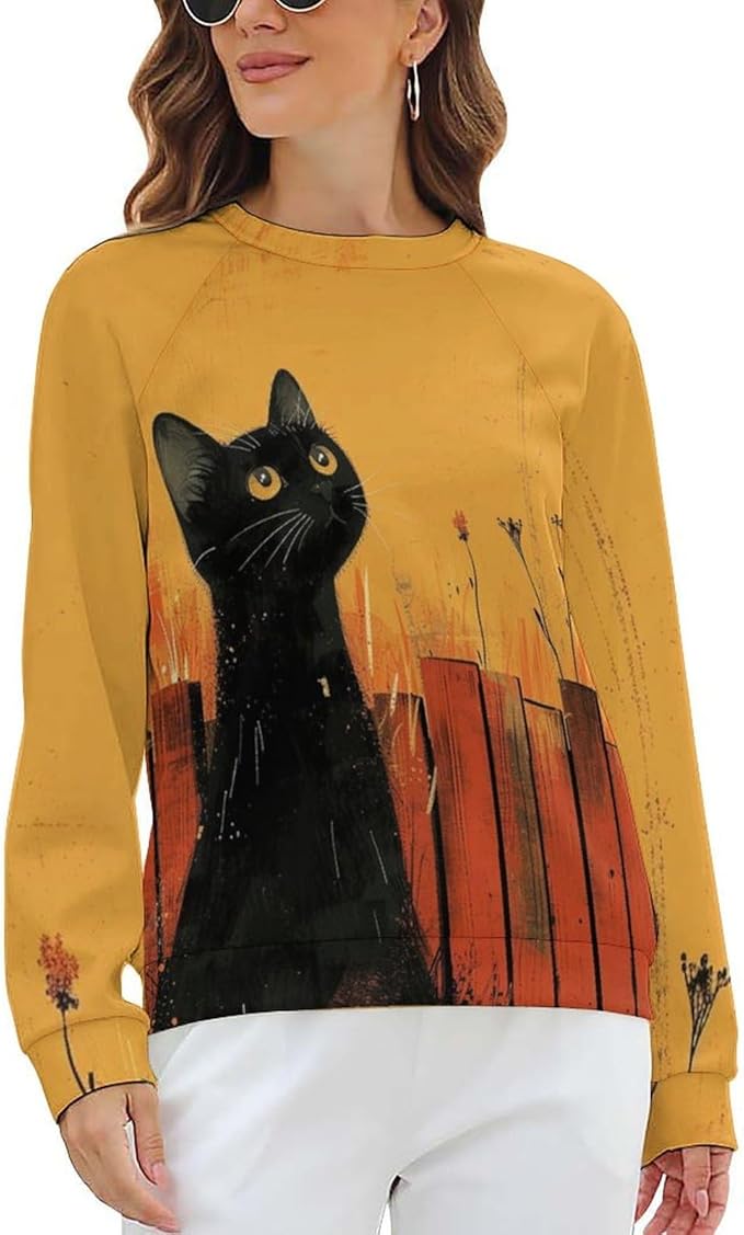 Long Sleeve Shirts for Women Cat Printed Fall Winter Dressy Holiday Casual Fashion Crewneck Tunic Tee Shirts