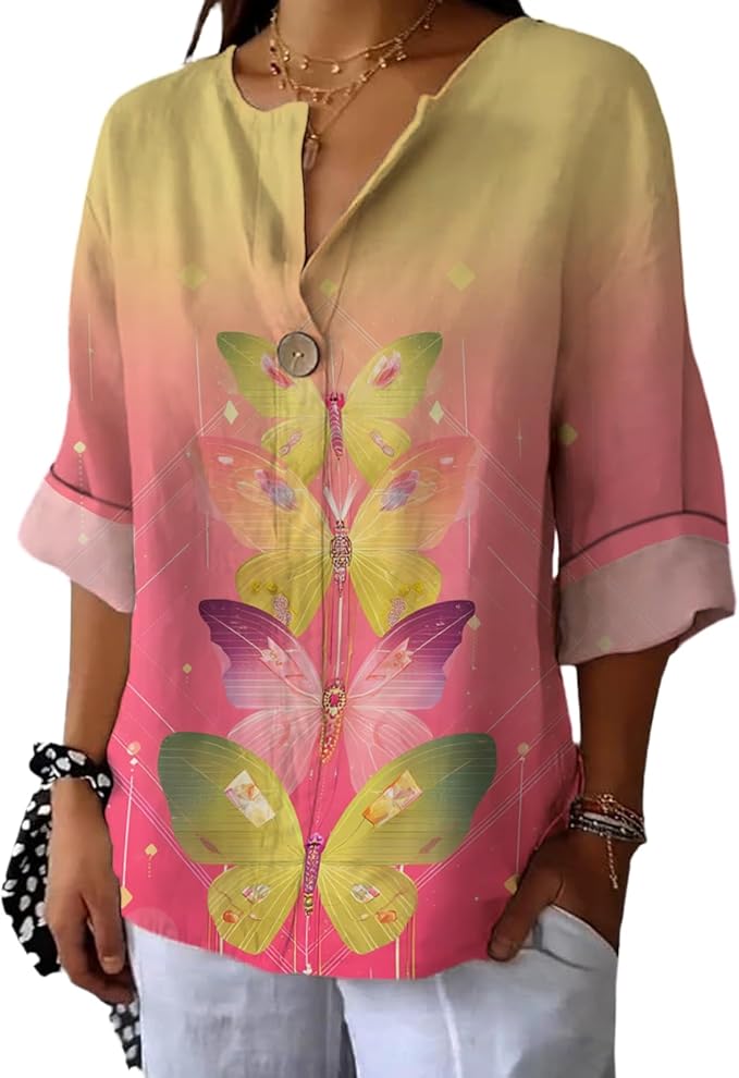 Fashion Shirts for Women Loose Fit Button Down V Neck Blouse 3/4 Sleeves Casual Tunic Tops Summer Outfits