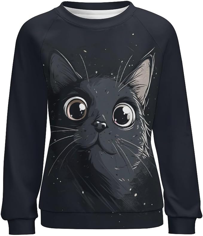 Long Sleeve Shirt Women Fall Cat Print Funny Hide Belly Vacation Plus Size Ladies Hippie Dressy Sweaters