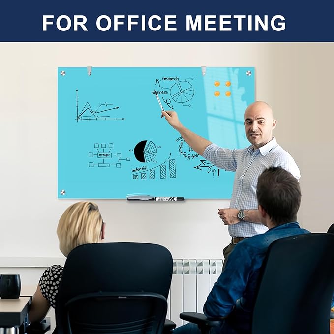 TSJ OFFICE Glass Dry-Erase Board - 36 x 24 Inches Wall Mounted Magnetic Whiteboard, Large Frameless Glass White Board for Office, Home & School, Blue