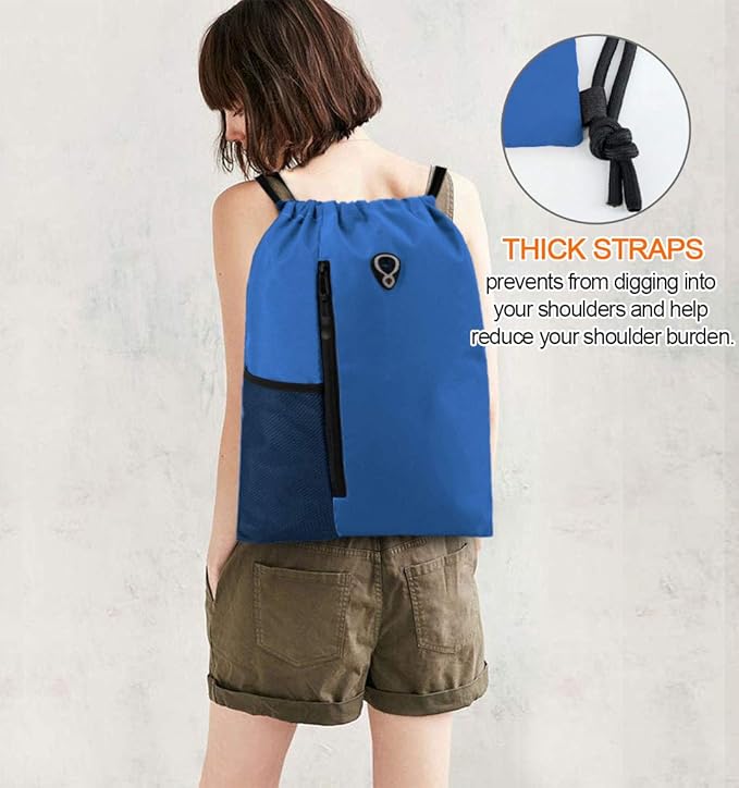 BeeGreen Royalblue Draw Strap Backpack For Men With Water Bottle Pocket &Front Zippered Pocket Large String Bags For Traveling Yoga Beach Outdoor Gym