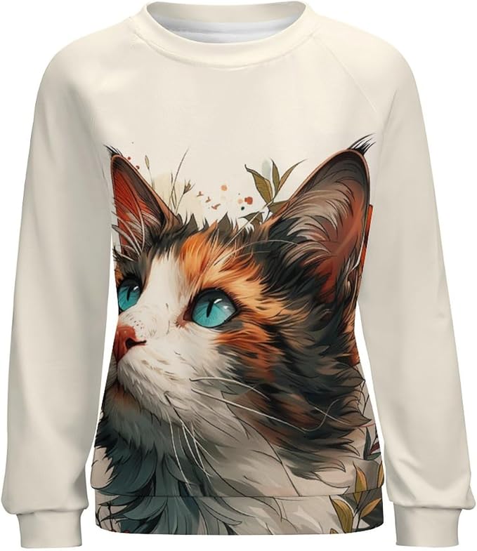 Sweatshirt for Women Cat Print Fashion Funny Plus Size Ladies Dressy Crewneck Casual Trendy Tee Shirts