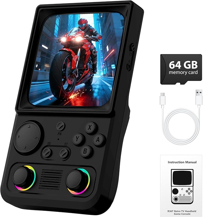 R36TMAX Retro Handheld Game Console, 4.0'' 720x720 IPS Screen, Open Source System, 64G Built-in 18000+ Classic Games, Supports WiFi Networked Fighting and OTG, 4000mAh, with Portable Case (Black 64GB)