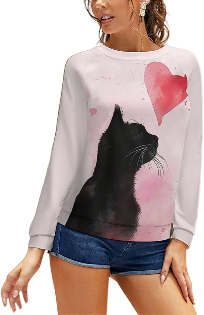 Long Sleeve Shirt Women Fall Cat Print Funny Hide Belly Vacation Plus Size Ladies Hippie Dressy Sweaters
