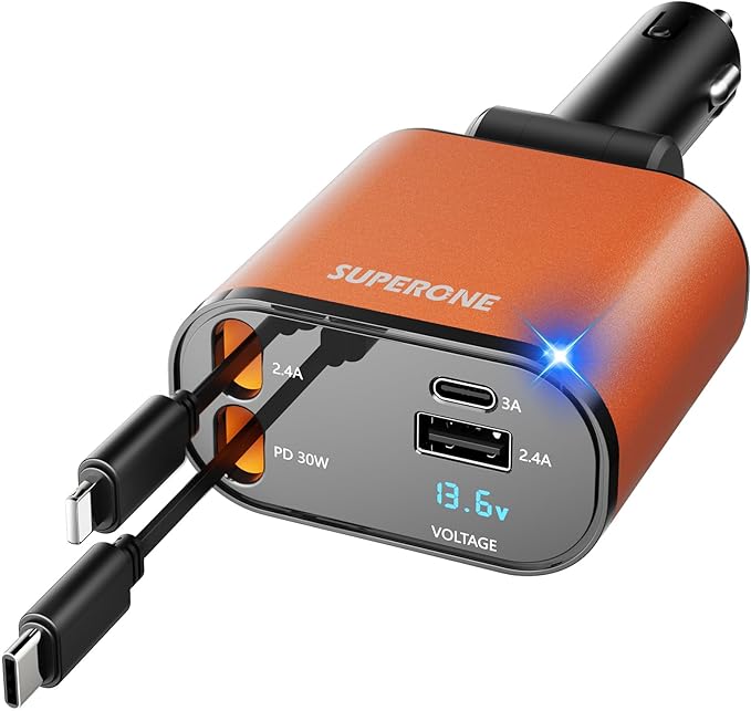 【Upgraded】 SUPERONE Retractable Car Charger 4 in 1, Fast Car Phone Charger with Cord 2.6ft, USB C and Apple Car Charger Adapter, Compatible with iPhone 17/16/15/15 Pro Max/14/13/12/11, Galaxy, Pixel