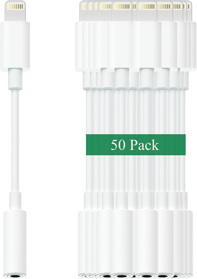 Lightning to 3.5mm Headphone Adapter for iPhone - 50 Pack with Microphone Hi-Res iPhone Aux Adapter Converter Jack Dongle Audio Cord for Apple iPhone 14 13 12 11 X XS White