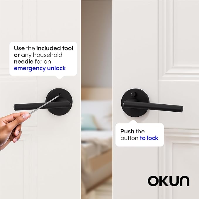 Okun Brio 6-Pack Matte Black Privacy Door Levers – Push Button Lock, Reversible, Sleek Concealed-Mount Design for Bedroom & Bathroom