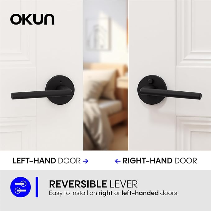 Okun Brio 6-Pack Matte Black Privacy Door Levers – Push Button Lock, Reversible, Sleek Concealed-Mount Design for Bedroom & Bathroom