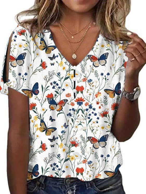 Women's Boho Butterfly Floral Print Cold Shoulder Flowy Tops Summer Dressy Casual V Neck Ladies Blouses Tunic Tops