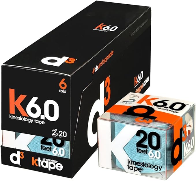 d3 K6.0 Kinesiology Tape - 2in x 20ft Ice Blue (6 Rolls) Latex-Free Hypoallergenic Joint Muscle Sports Medical Injury Support