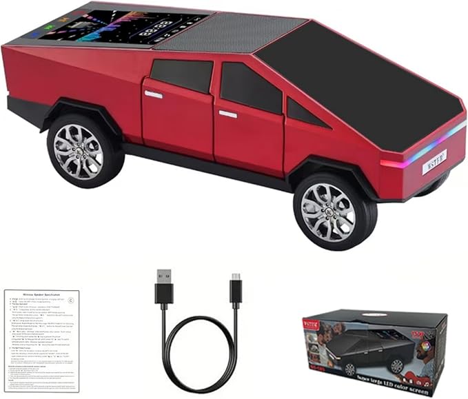 Futuristic Truck Replica Bluetooth Speaker with LED Display Screen – Practical Gift for Model Collectors, Music Listeners & Tech Fans, TWS Pairing, FM Radio, LED Headlight Detail & Mic (Red)