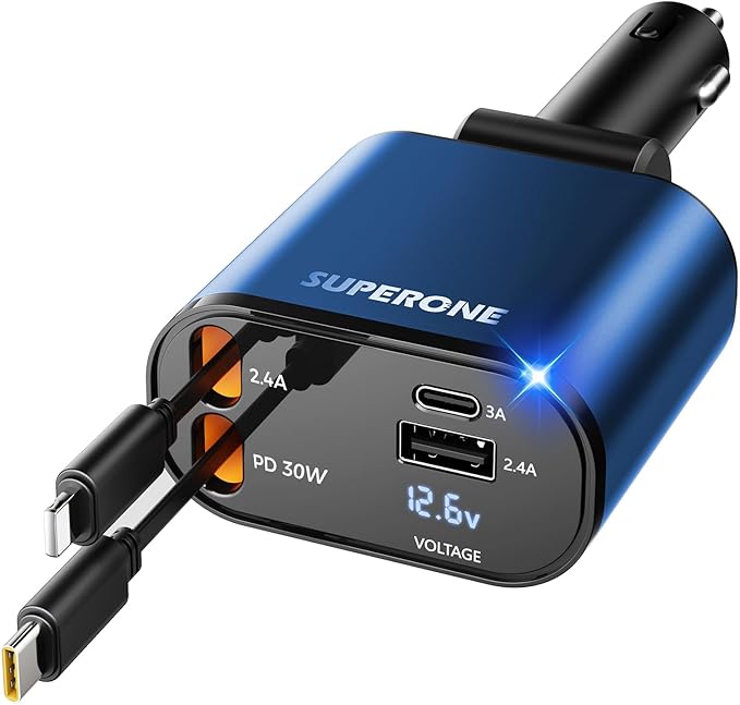 【Upgraded】 SUPERONE Retractable Car Charger 4 in 1, Fast Car Phone Charger with Cord 2.6ft, USB C and Apple Car Charger Adapter, Compatible with iPhone 17/16/15/15 Pro Max/14/13/12/11, Galaxy, Pixel