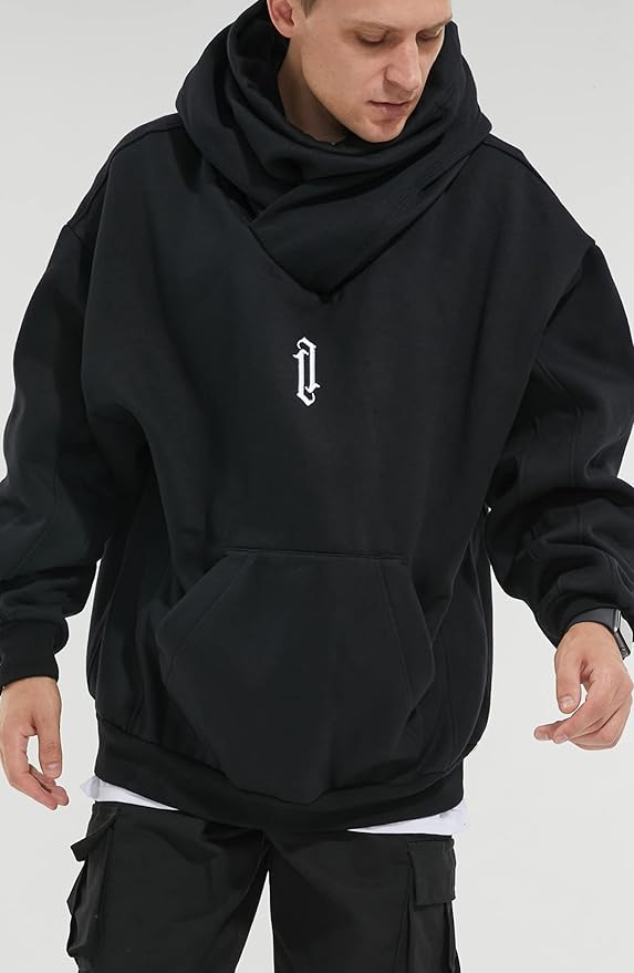 Fleece Hoodies for Men Cowl Neck Sweatshirts Hood with neck Gaiter Casual Pullover Fall Winter with Embroidery