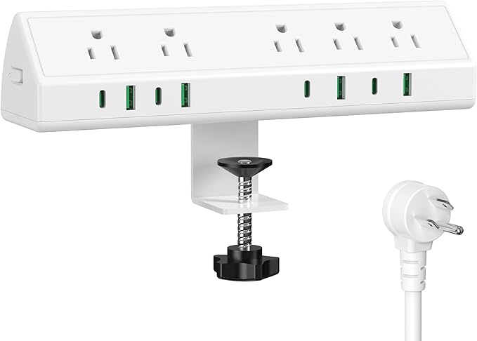 Jgstkcity Desk Clamp Power Strip,45W Fast Charging Station,4 USB-C,4 USB-A,Desk Mount Surge Protector,1875W Extension Cord with Multiple Outlets,ETL Listed,for Home Office Dorm Room,White,6 FT