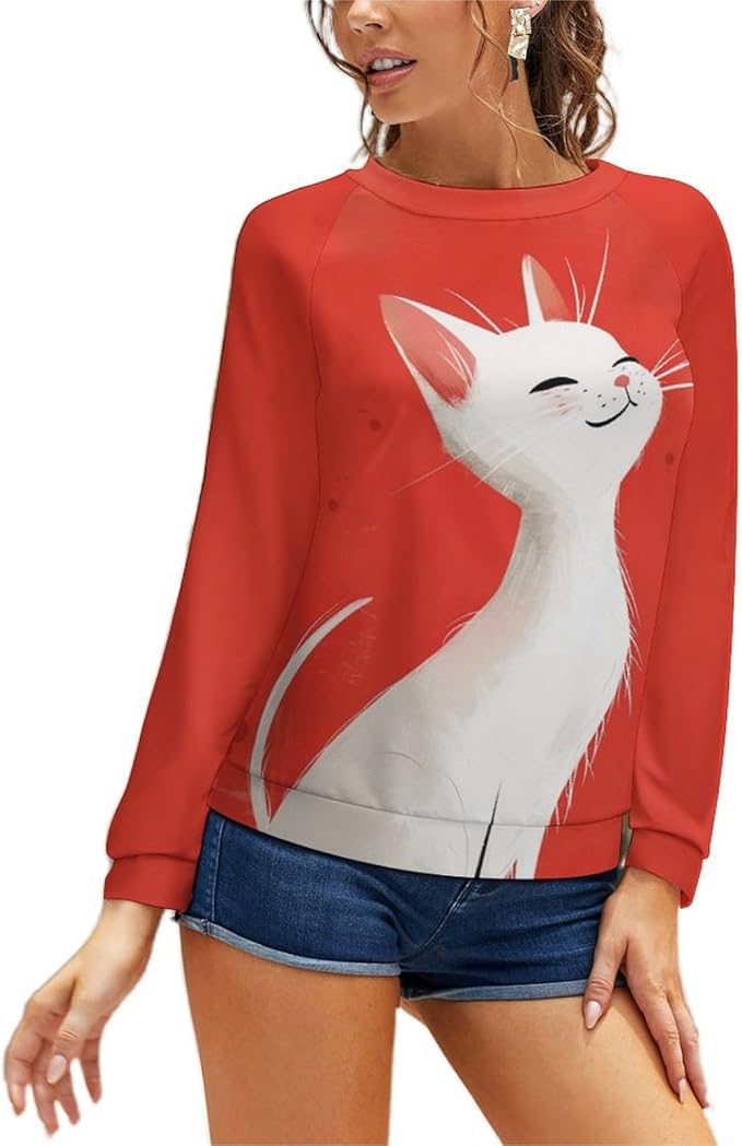 Long Sleeve Shirts for Women Cat Printed Fall Winter Dressy Holiday Casual Fashion Crewneck Tunic Tee Shirts