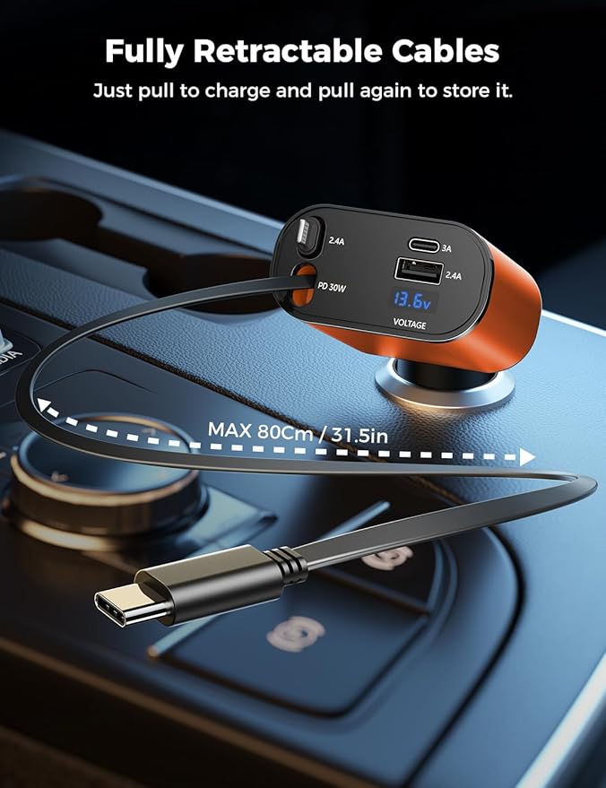 【Upgraded】 SUPERONE Retractable Car Charger 4 in 1, Fast Car Phone Charger with Cord 2.6ft, USB C and Apple Car Charger Adapter, Compatible with iPhone 17/16/15/15 Pro Max/14/13/12/11, Galaxy, Pixel