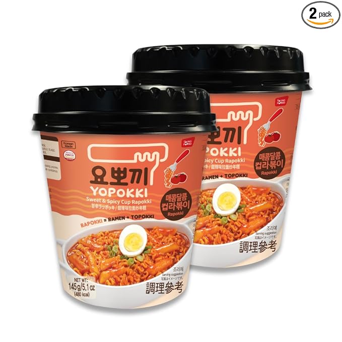Yopokki Instant Rabokki Cup (Sweet Mild Spicy, 2 Cups) Korean Street food with sweet and moderately spicy sauce Ramen Noodle Topokki Rice Cake - Quick & Easy to Prepare