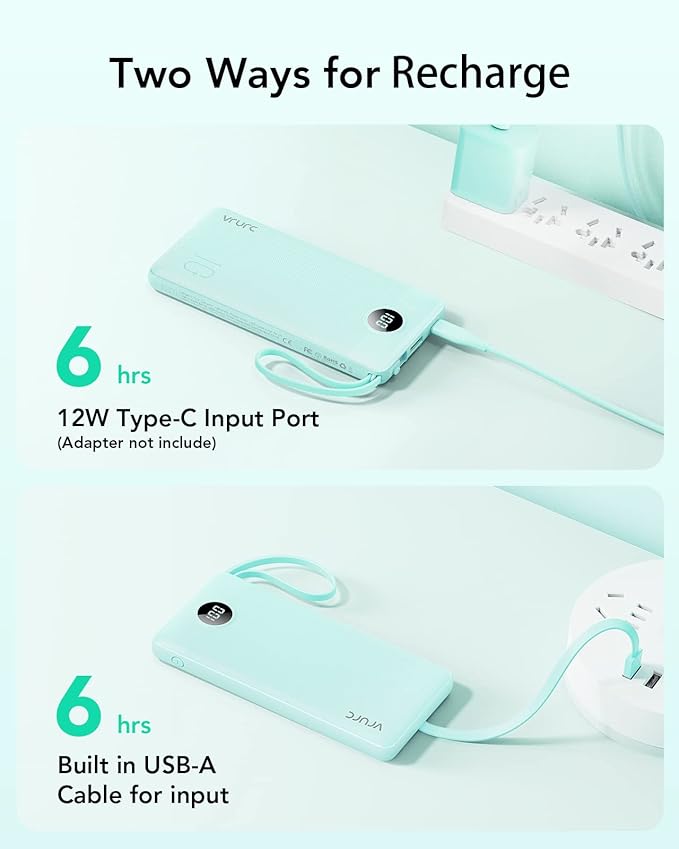 VRURC Portable Charger for iPhone, 22.5W Fast Charging Power Bank 10000mAh, USB C Battery Pack 4 Outputs 3 Inputs, Slim Phone Charger with Cables for iPhone 17 16 15 14 13,Samsung Galaxy-Green(1 Pack)