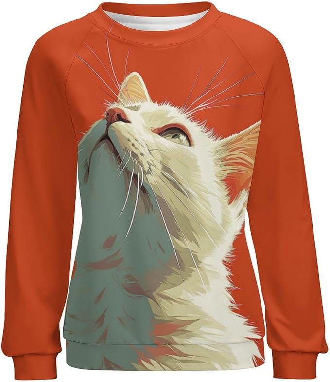 Long Sleeve Shirt Women Fall Cat Print Funny Hide Belly Vacation Plus Size Ladies Hippie Dressy Sweaters