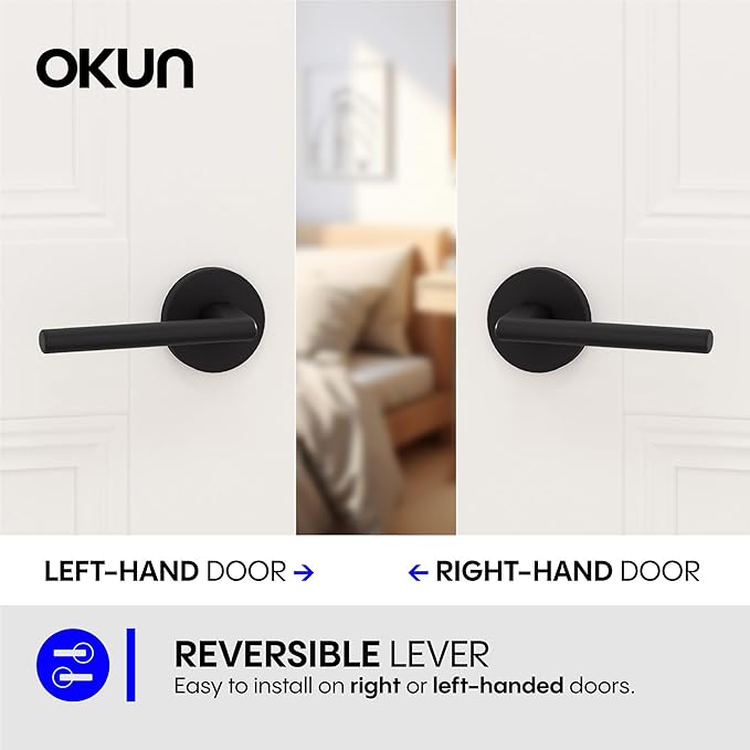 Okun Brio 6-Pack Matte Black Passage Door Levers – Reversible Non-Locking Interior Handles with Sleek Concealed-Mount Design for Hallways & Closets