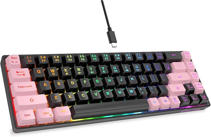 65% Gaming Keyboard, LED Backlit, Ultra-Compact Anti-Ghosting No-Conflict 68 Keys Membrane Gaming Wired Keyboard for PC Laptop Windows Gamer(Black-Pink)