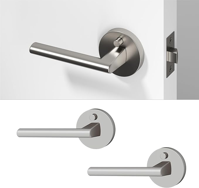 Okun Brio 2-Pack Brushed Nickel Privacy Door Levers – Push Button Lock, Reversible, Sleek Concealed-Mount Design for Bedroom & Bathroom