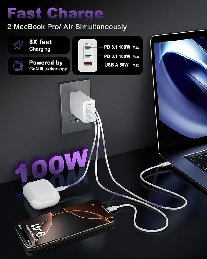 USB C Charger Block 100W, 3-Port GaN Super Fast Charger, Type C Wall Charger Adapter with 6.6ft USB C Charging Cable for MacBook Pro/Air,iPad Pro, i-Phone 16/15Pro, Galaxy S24/S23 and More[2 Pack]