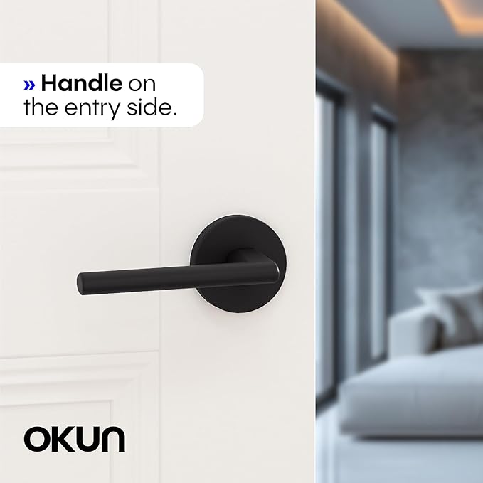 Okun Brio 1-Pack Matte Black Passage Door Levers – Reversible Non-Locking Interior Handles with Sleek Concealed-Mount Design for Hallways & Closets