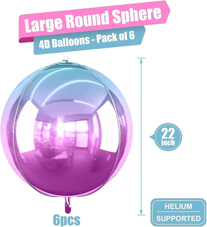 6Pcs Gradient Purple Round Foil Balloons, 22" Large Helium Ball Mylar Balloon, Metallic Purple Foil Balloon for Birthday Graduation Wedding Anniversary Bachelorette Disco Prom Party Decorations