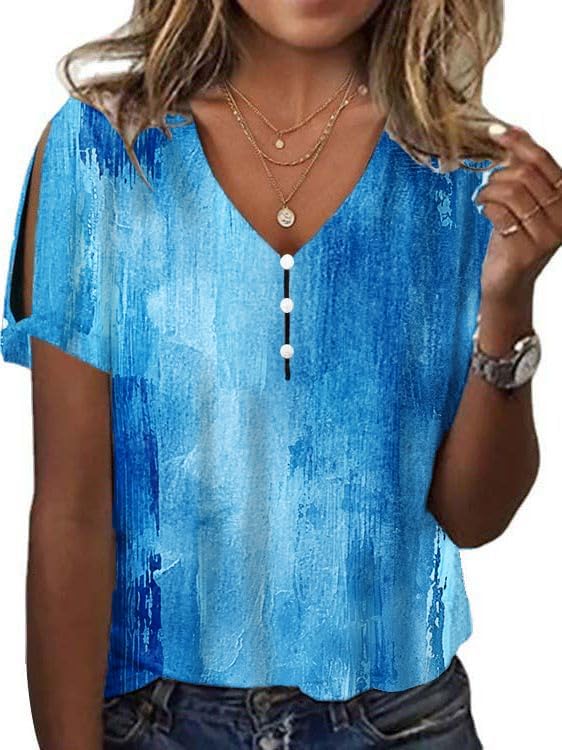 Women's Boho Butterfly Floral Print Cold Shoulder Flowy Tops Summer Dressy Casual V Neck Ladies Blouses Tunic Tops