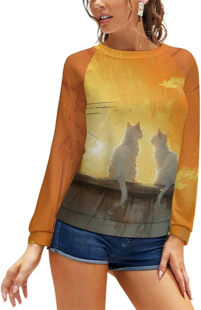 Long Sleeve Shirts for Women Cat Printed Fall Winter Dressy Holiday Casual Fashion Crewneck Tunic Tee Shirts