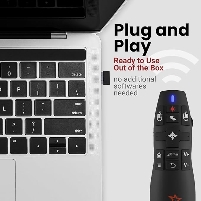 PR-820 Wireless Presentation Clicker with Laser Pointer, PowerPoint Clicker with Air Mouse, Remote for Slideshows, Google Slides, Keynote & Smartboards, Mac/PC Compatible