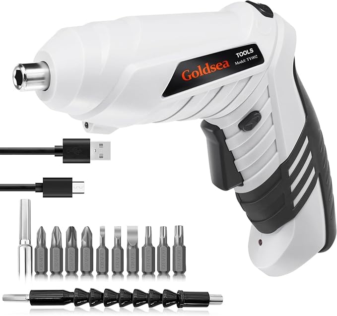 Electric Screwdriver Cordless, Goldsea 4.2V 3.5N.m 1500mAh Battery Rechargeable via Type-c, 1/4" 10pcs Magnetic Bits, Hex Chuck, 90° to 180° Adjustable Handle, LED Light for Home DIY & Repairs-Gray