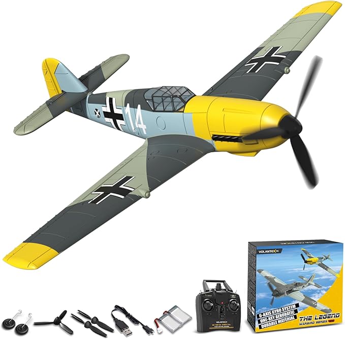 volantexrc RC Plane, 4 Channel Remote Control Airplane BF109 Fighter RTF with Aileron, Gyro, Aerobatics & 3 Modes Easy to Fly, Hobby Radio Controlled Aircraft for Beginners & Adults (Yellow)