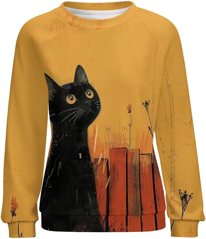 Long Sleeve Shirts for Women Cat Printed Fall Winter Dressy Holiday Casual Fashion Crewneck Tunic Tee Shirts