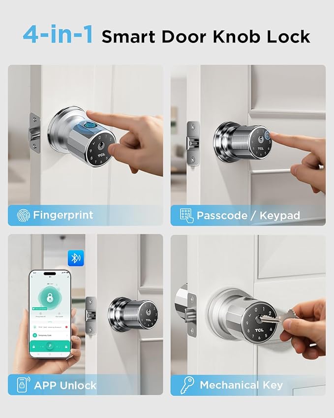 TCL K1 Smart Knob, Fingerprint Door Knob with Lock, Interior Door Knobs with App Control, Electronic Code Indoor Knobs for Bedroom, Home, Apartment, Office and Garages