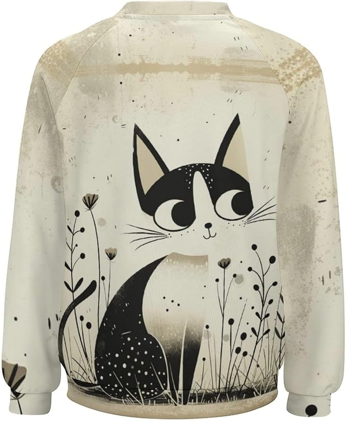 Long Sleeve Shirts for Women Cat Printed Fall Winter Dressy Holiday Casual Fashion Crewneck Tunic Tee Shirts