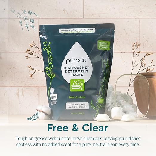 Puracy Dishwasher Pods, Natural Dishwasher Detergent, Free & Clear Dish tabs - Enzyme-Powered, Spot & Residue Free - TikTok Trend Items, Must Haves from TikTok Made Me Buy It (Free & Clear, 18 Count)