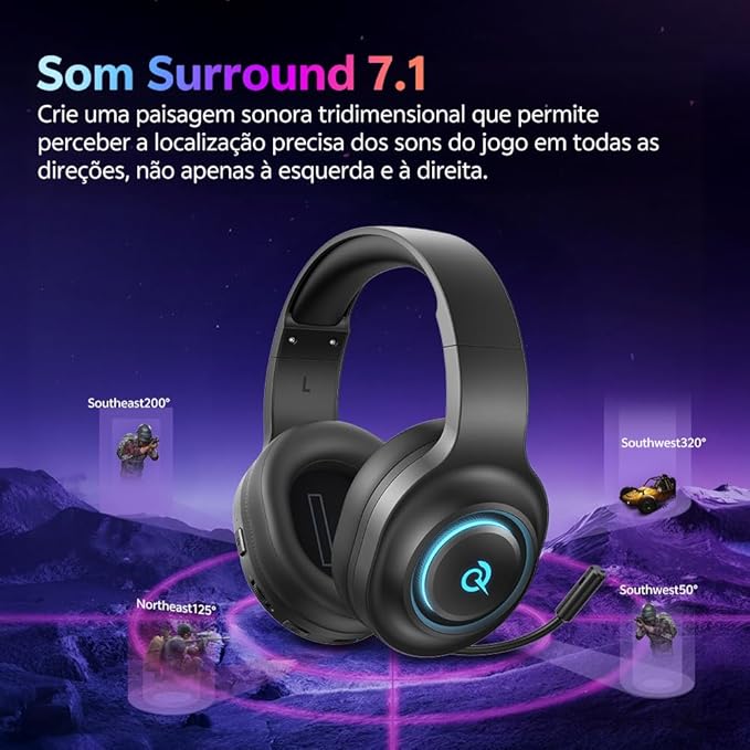 QCY Gaming Headset for PC/PS5/PS4/Switch, HEROAD V200 Over Ear Headphones, USB-C, 240Hr Battery, 7.1 Surround Sound, 2.4GHz Wireless Headphones for Multi-Platform, Bluetooth 6.0
