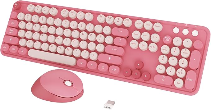 Wireless Keyboard,KOOTOP Cute Colorful 104 Keys Typewriter Retro Round Keycaps Keyboard for PC Laptop,Desktop,Windows, Home and Office Keyboards(Pink)