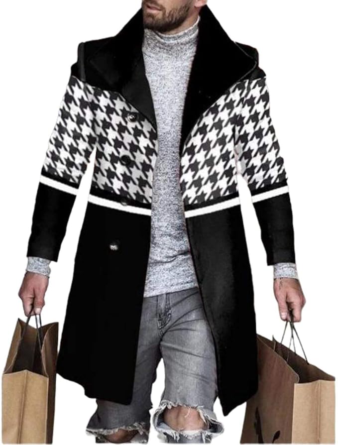 Men's Plaid Long Trench Coat Mid - Length Lapel Collar Button Down Warm Overcoat for Winter & Autumn Fashion