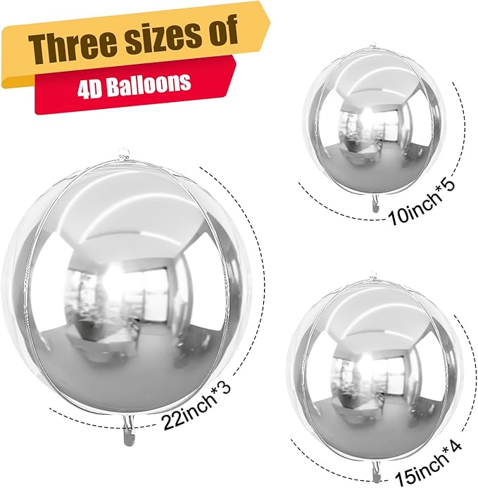 12Pcs Silver Round Foil Balloons, 22" 15" 10" 4D Ball Balloons, Metallic Silver Foil Balloon for Birthday Graduation Christmas New Year Eve Disco Party Backdrop Decorations