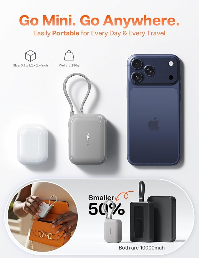 TORRAS EasyGo Portable Charger 10000mAh, 45W Ultra-Fast USB-C Power Bank with Dual Built-in Cables, Integrated Lanyard Design for One-Hand Use, Battery Pack Compatible with iPhone 16/17 Pro, Samsung