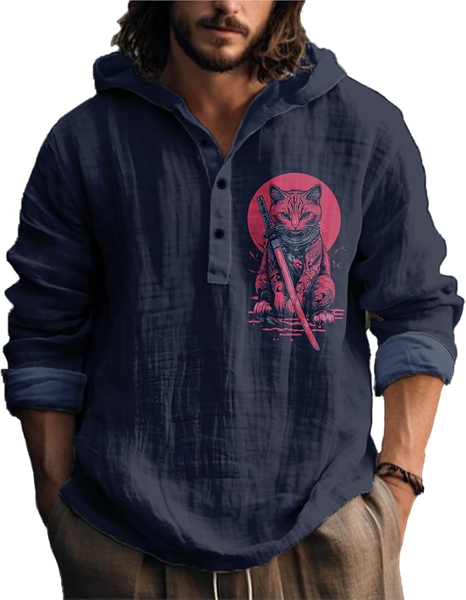 MARSVOVO Mens Japanese Art Long Sleeve Hooded Shirts Lightweight Quarter Button Hoodie Casual Cool Tops for Spring Fall