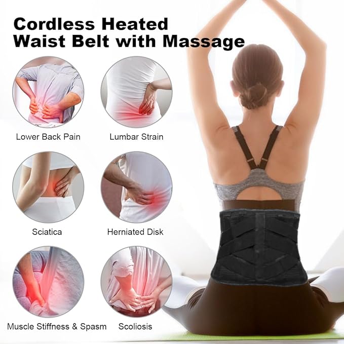 Cordless Heating Pad Back Massager Brace, Rechargeable Heated Back Brace and Massage Belt for Lower Back Pain Relief(L)