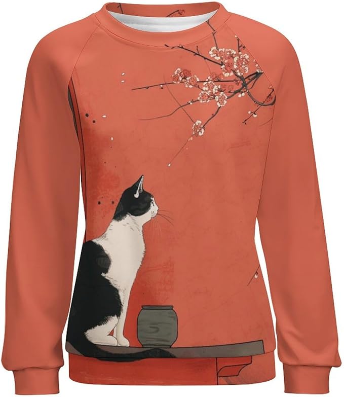 Long Sleeve Shirts for Women Cat Printed Fall Winter Dressy Holiday Casual Fashion Crewneck Tunic Tee Shirts