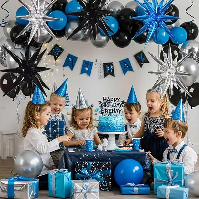 TONIFUL 8 Pcs Blue Silver Black Foil Balloons Large Star Balloons Explosion Star Mylar Balloons for Party Backdrop Christmas New Year Birthday Wedding Baby Shower Anniversary Photo Booth Supplies
